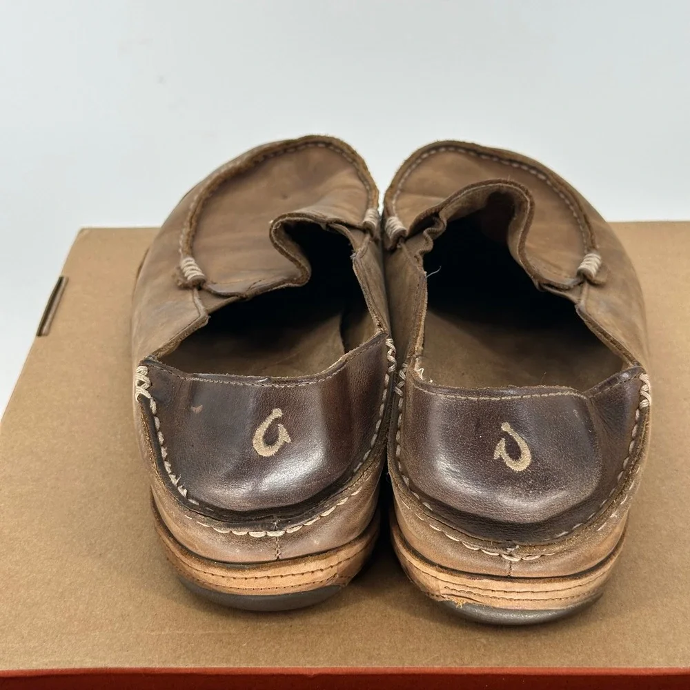Olukai Molokai Brown Leather Slip On Casual Slipper Shoes Comfort Loafers 10
